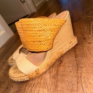 Casadei Yellow and Tan Platform Wedge Sandals
